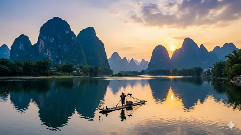 Guangxi travel guide Guangxi itinerary Guilin Yangshuo Longji Rice Terraces China travel A breathtaking view of the Li River karst mountains at sunset to inspire your ultimate Guangxi itinerary