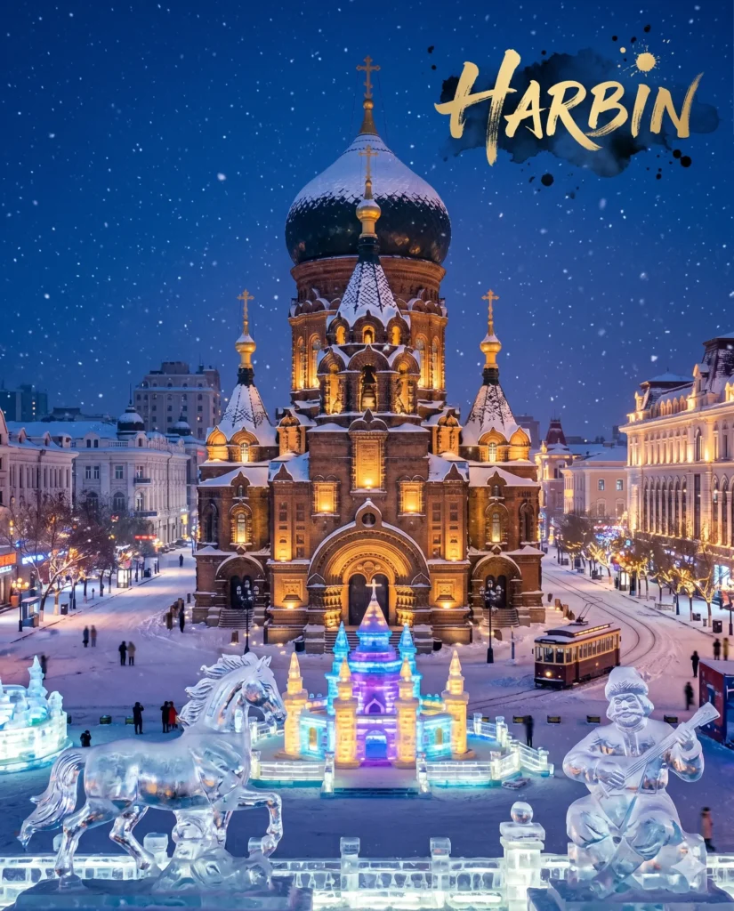 A breathtaking night view of the majestic frozen castles, providing ultimate inspiration for your Harbin itinerary and Harbin travel guide.
Harbin 7-day itinerary
Things to do in Harbin
Harbin travel guide
Harbin Ice and Snow World
Central Street
St. Sophia Cathedral
Sun Island