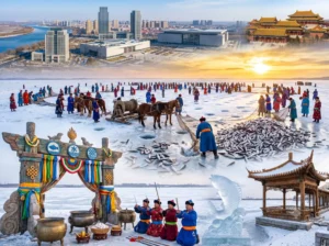 A breathtaking view of the icy hunt, providing inspiration for your ultimate Songyuan itinerary and Songyuan travel guide. Songyuan travel guide Things to do in Songyuan Songyuan attractions Songyuan itinerary Chagan Lake Winter Fishing Qianguo Grassland Longhua Temple
