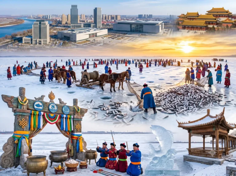 A breathtaking view of the icy hunt, providing inspiration for your ultimate Songyuan itinerary and Songyuan travel guide. Songyuan travel guide Things to do in Songyuan Songyuan attractions Songyuan itinerary Chagan Lake Winter Fishing Qianguo Grassland Longhua Temple