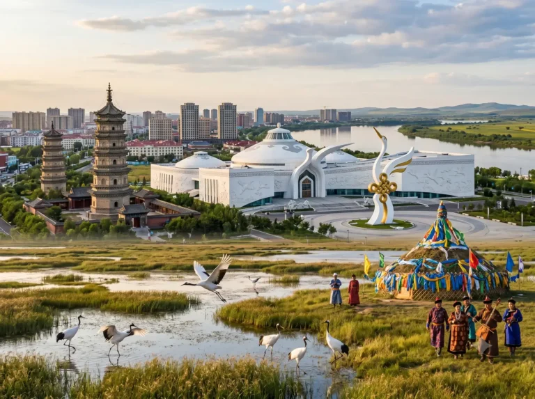 A breathtaking view of the wetlands, providing inspiration for your ultimate Baicheng itinerary and Baicheng travel guide. Baicheng travel guide Things to do in Baicheng Baicheng attractions Baicheng itinerary Momoge National Nature Reserve Xianghai Siberian Cranes Chengsijiazi Ancient City